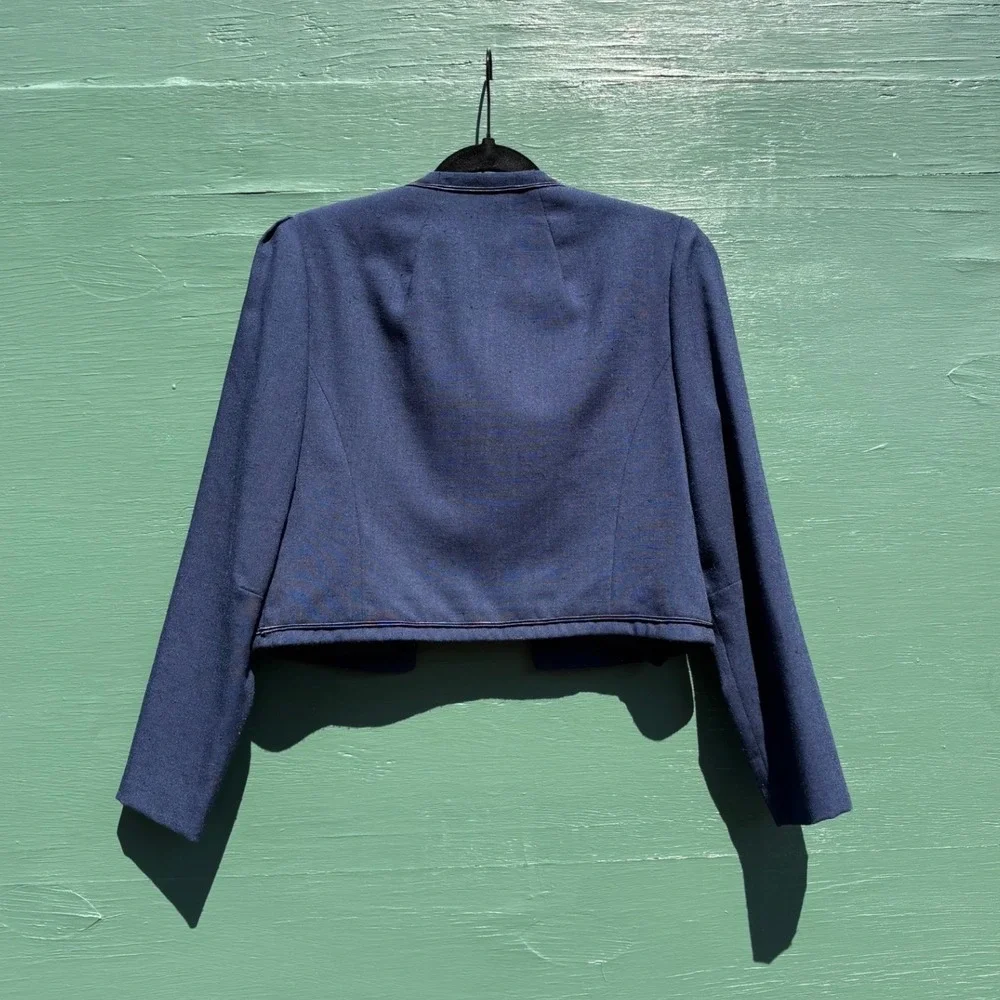 Vintage Navy Linen Cropped Jacket Frog Toggle Closure Military Style Small